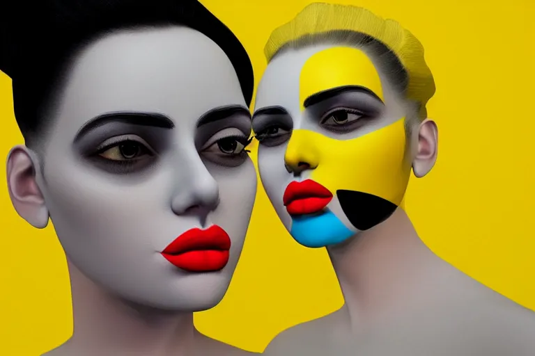 Image similar to portrait of a woman with a yellow face and black hair, a pop art painting by hedi xandt, trending on cgsociety, pop surrealism, photoillustration, daz 3 d, pop art