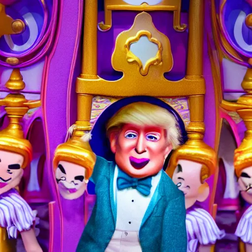 Image similar to a child puppet in the its a small world ride at disneyland that looks like donald trump, highly detailed, high definition, ultra realistic