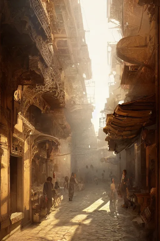 Image similar to the streets of old Cairo at the time of the pharaohs, intricate, elegant, volumetric lighting, digital painting, highly detailed, artstation, sharp focus, illustration, concept art, ruan jia, steve mccurry