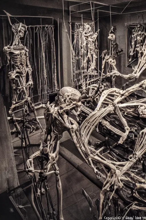 Image similar to inside a museum, a room where anatomical flesh body parts are piece of arts at night biomechanical, filth and grim, wires and strings, very detailed, ultra realistic photography, grainy image