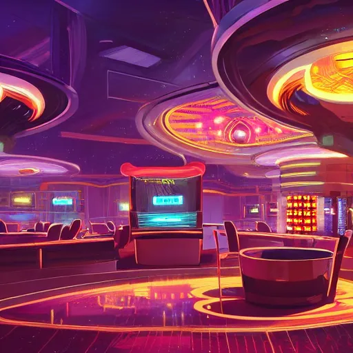 Image similar to futuristic casino, crisp, artistic, artstation, luxury, las vegas, beautiful, concept art, cartoon, dim painterly lighting volumetric aquatics