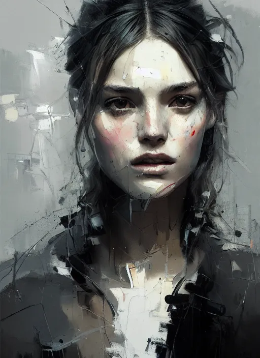 Image similar to outdoor portrait of a beautiful girl, shades of grey, beautiful face, rule of thirds, intricate outfit, spotlight, by greg rutkowski, by jeremy mann, by francoise nielly, digital painting