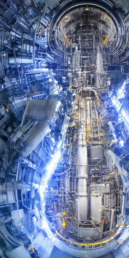 Prompt: reactor of controllable nuclear fusion power station in operation, high energy particle flow, glow, 8 k.