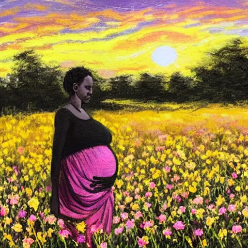 Image similar to a pregnant east african woman with her black puppy in a vast field of flowers, looking off into the sunset, relaxing, wide shot, golden hour, vintage, impressionist painting, fine art, oil painting, dreamy, pastel, laughing, happy, intricate details, sharp, peaceful, serene