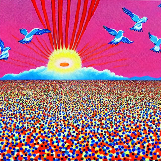 Prompt: a beautiful painting there were many doves of peace in the nuclear explosion, by kusama miyama realistic oil painting