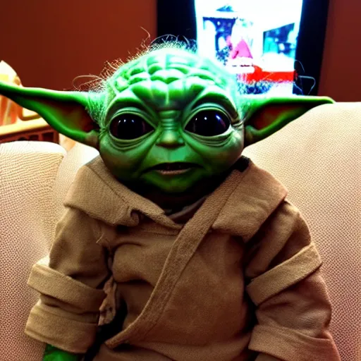 Image similar to baby yoda hanging out with iron man