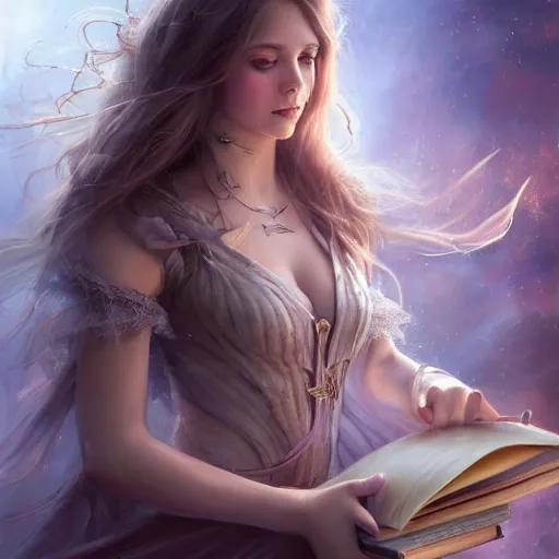 Image similar to a girl with magic book coming out from her arms, under the skin, ultradetailed, hair flowing down, 8 k, hyperrealistic, hyperdetailed, fantasy portrait by laura sava