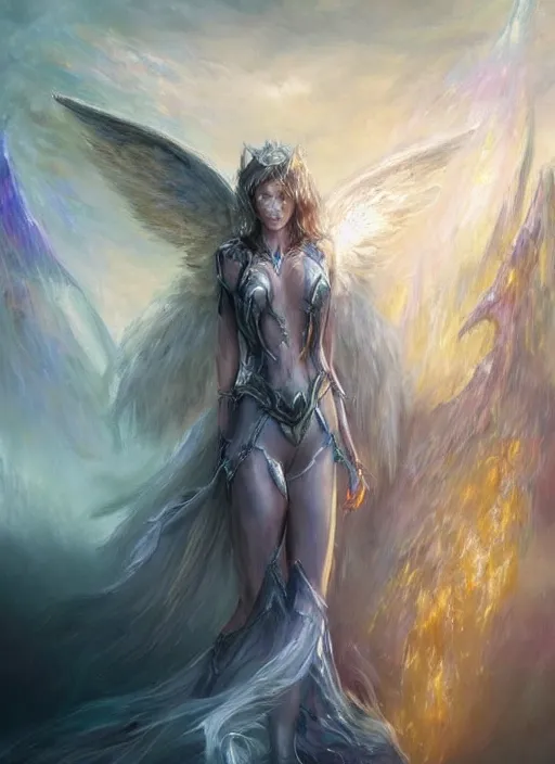 Image similar to concept art, angel knight girl. by artstation trending, by joseph mallord william turner, luis royo, konstantin razumov, cinematic lighting, fractal flame, highly detailed