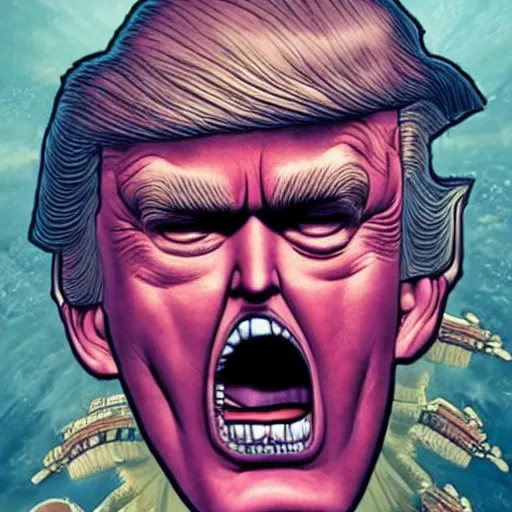 Image similar to donald trump's head as modok, the mental organism designed only for killing, little man in hovering throne, full body, psychic alien with huge head, marvel supervillain character