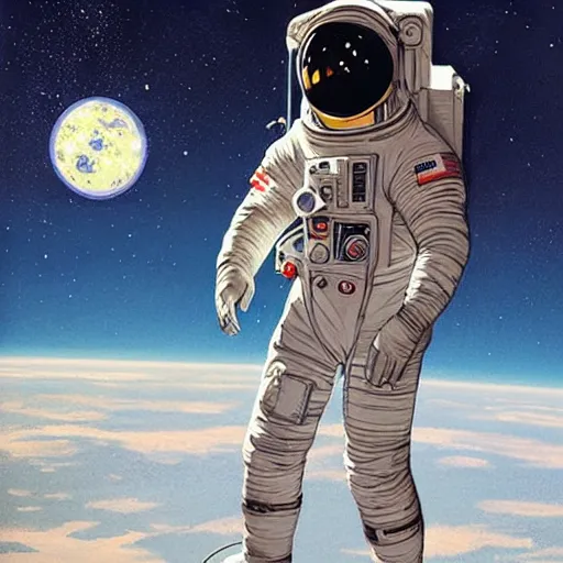 Prompt: futurism pop art of an astronaut watching earth from the moon, by greg rutkowski