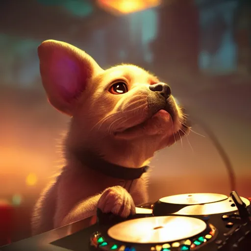 Image similar to puppy as a DJ, 8k, fantasy, intricate, cinematic lighting, highly detailed, digital painting, artstation, concept art, smooth, sharp focus, illustration, by Pixar