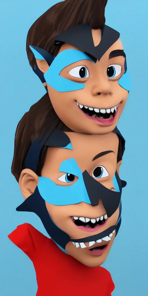 Image similar to 'cartoon concept character in 3d, a young Hispanic guy wearing a cartoon shark cloth facemask'