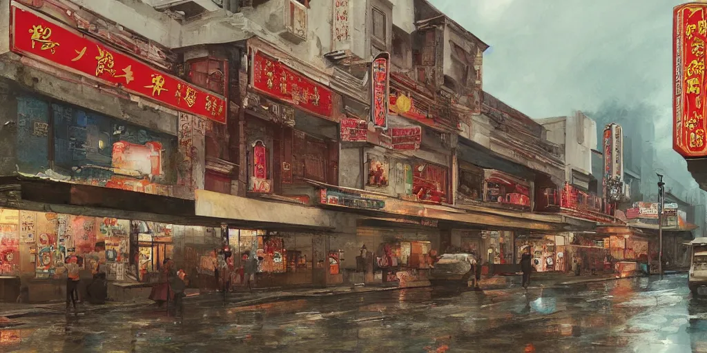 Prompt: an old cinema at a quiet petaling street in chinatown, kuala lumpur, rainy day, matte painting, studio ghibli, artstation