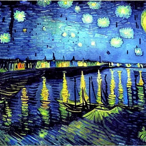 Prompt: a painting of a space ship launching by van gogh