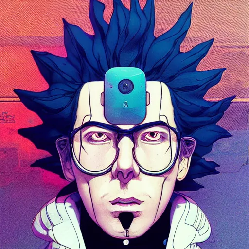 Image similar to 9 5 5 5 rick sanchez portrait by and james jean and katsuhiro otomo and erik jones, inspired by ghost in the shell anime, beautiful fine face features, intricate high details, sharp, ultradetailed, 3 d octane render