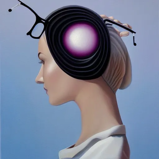 Image similar to a painting of a stylish person in the future, an ultrafine detailed painting by rafal olbinski, behance contest winner, pop surrealism, detailed painting, very detailed, minimalist, skeuomorphic, airbrush art