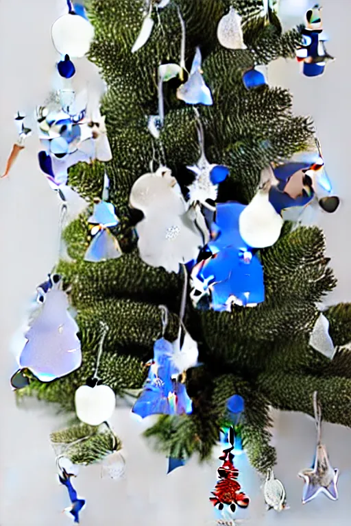 Image similar to flat sticker scandi christmas tree with kitsch glitzy baubles and stars and christmas robin bird decorations, silver sapphire blue white mood, smooth sharp focus