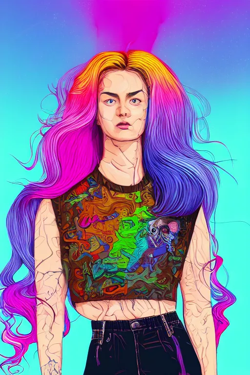 Image similar to a award winning half body portrait of a beautiful woman with stunning eyes in a printed croptop and cargo pants with rainbow colored ombre hairstyle head in motion and hair flying by josan gonzales, outrun, vaporware, shaded flat illustration, digital art, trending on artstation, highly detailed, fine detail, intricate