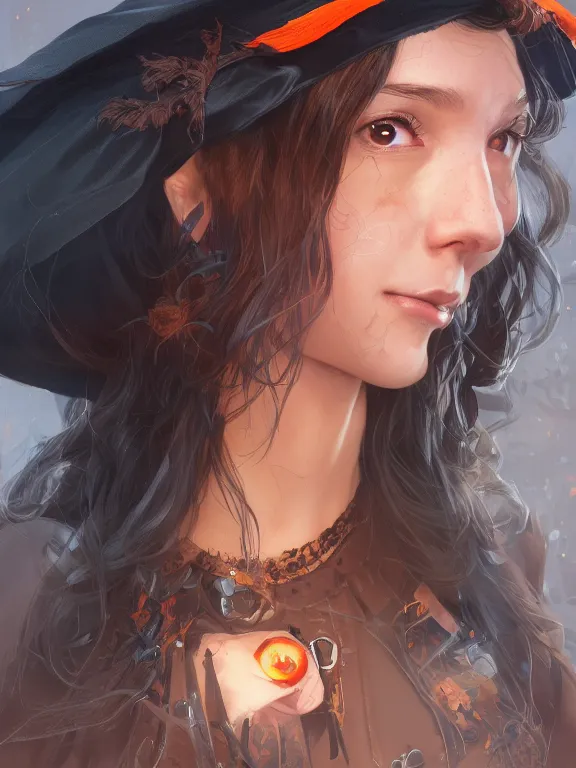 Image similar to Full shot of a cute mischievous young witch about to get up to some trouble. Latin American fashion. Black and Orange palette. Latina girl. brown skin. Symmetrical facial features. By Ruan Jia and Artgerm and Range Murata and WLOP. Key Art. Fantasy Illustration. award winning, Artstation, intricate details, realistic, Hyperdetailed, 8k resolution.