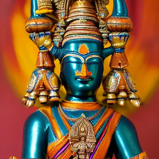 Image similar to a woman wearing an armor and headdress. the armor and headdress is made out of the colors, textures and sculptures of the meenakshi temple in madurai. intricate. detailed.