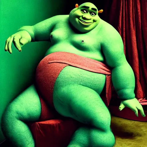 Image similar to boudoir photo of Shrek, by Annie Leibovitz. Warm soft lighting, cinestill 5000. ogres have layers.