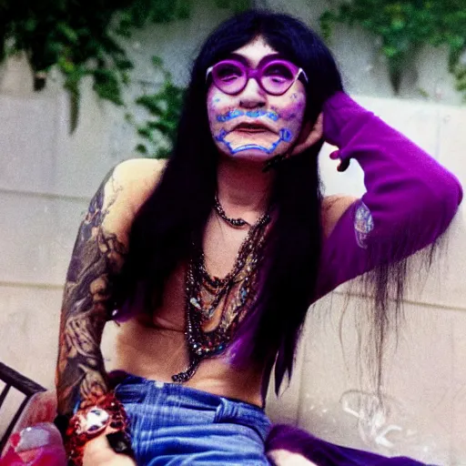 Prompt: photo of yoko ono in 1 9 7 4 with dyed purple hair, face tattoos, and face peircings