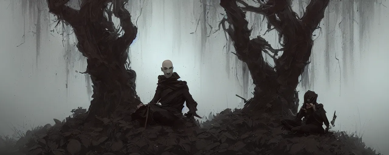 Image similar to duotone noir illustration close up of bald merchant demon sitting below willow tree in medieval brown tunic. foggy evening. dark dream atmosphere with volumetric hellish lighting, by sachin teng and sergey kolesov and ruan jia and heng z. graffiti art, scifi, fantasy, hyper detailed. octane render. concept art. trending on artstation