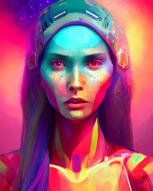 Image similar to colorful 3 / 4 body shot of a female hippie, set in the future 2 1 5 0 | highly detailed | very intricate | symmetrical | professional model | cinematic lighting | award - winning | painted by mandy jurgens and ross tran | pan futurism, dystopian, bold psychedelic colors, cyberpunk, groovy vibe, anime aesthestic | featured on artstation