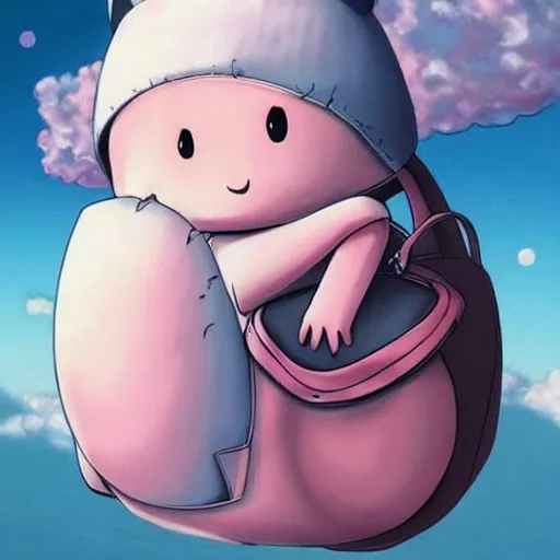 Image similar to ( ( ( pink fairy armadillo riding on a small cloud carrying a small backpack ) ) ), anime,
