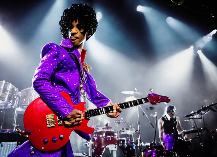 Image similar to photo still of prince from purple rain on stage at vans warped tour!!!!!!!! at age 3 3 years old 3 3 years of age!!!!!!!! throwing pancakes to the crowd, 8 k, 8 5 mm f 1. 8, studio lighting, rim light, right side key light