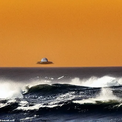 Image similar to the photo shows a large, disk - shaped object hovering in the sky above the ocean waves and mountains. the object appears to be surrounded by a golden bright aura. there is no sign of any engines or propulsion system. the photo was taken by a professional photographer.