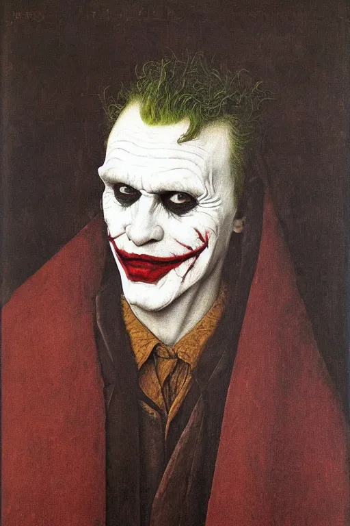 Image similar to portrait of the joker, oil painting by jan van eyck, northern renaissance art, oil on canvas, wet - on - wet technique, realistic, expressive emotions, intricate textures, illusionistic detail