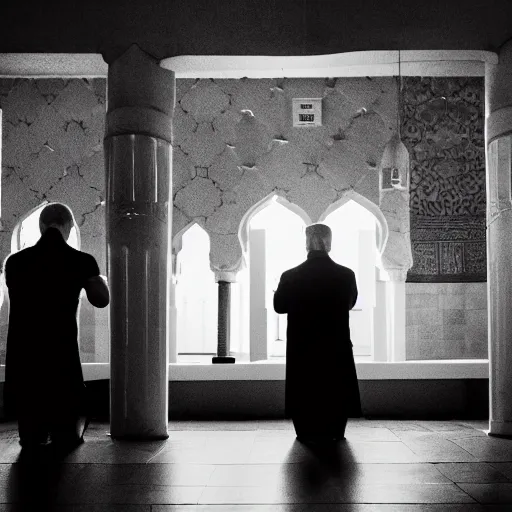 Image similar to Trump praying in mosque, award winning cinematic photography, 50 mm, blurred background, perfect faces