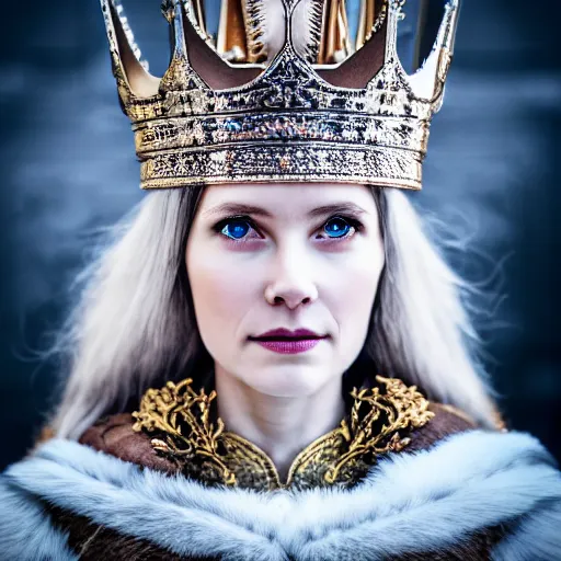 Prompt: photo of a beautiful nordic queen with ornate crown and cloak highly detailed, 4k, HDR, smooth, sharp focus, high resolution