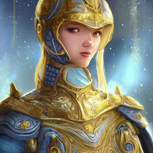 Image similar to portrait knights of Zodiac girl, white and metalic blue color reflected armor, in ruined Agora of Athens Moon night and firefly and star sparkles, ssci-fi, fantasy, intricate, very very beautiful, elegant, golden light, highly detailed, digital painting, artstation, concept art, smooth, sharp focus, illustration, art by tian zi and WLOP and alphonse mucha