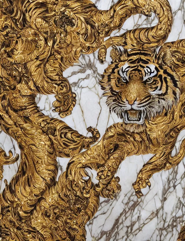 Prompt: beautiful portrait of a large ornate and intricate rococo tiger, hyper detailed, gold plated on white marble, wallpaper pattern