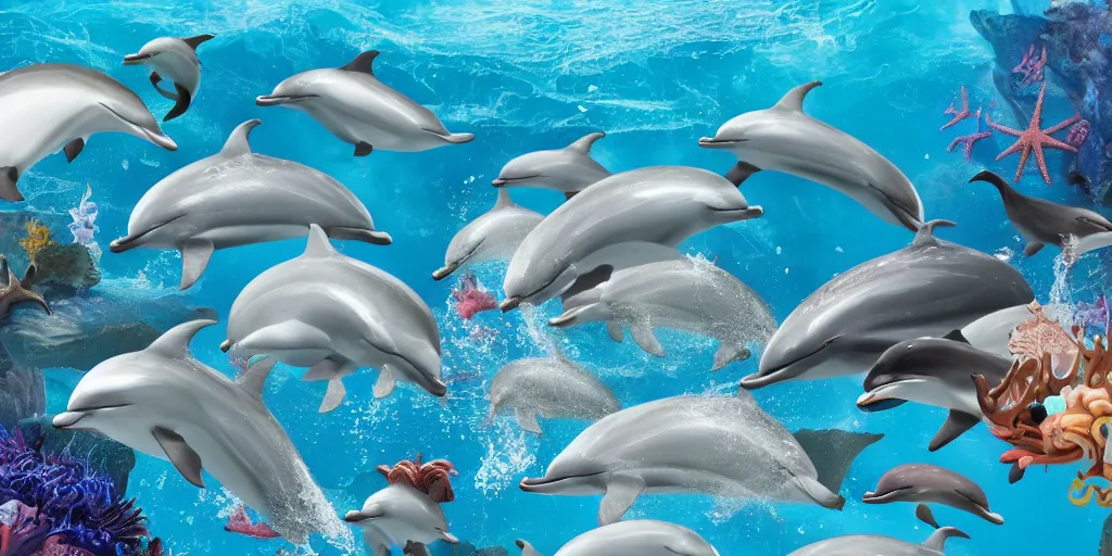 Prompt: sirens of the sea with other dolphins and sea creatures in their underwater kingdom, ultrarealistic, 4 k