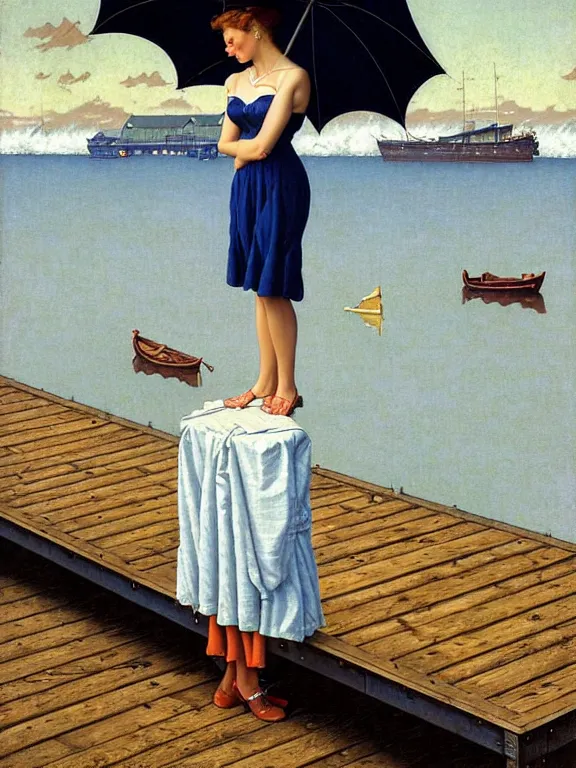 Prompt: a fancy beautiful young lady standing on a wharf at the edge of the sea by rob gonsalves and ruth deckard and gil elvgren and harry ekman and george petty and hilo chen and norman rockwell, crisp details, hyperrealism, high detail, high contrast, low light, grey mist, cobblestones, dim lantern