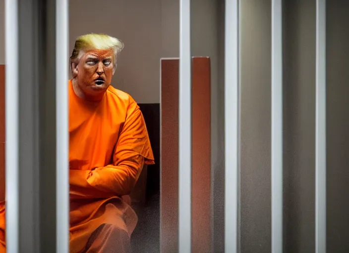 Prompt: photo of donald trump sitting in a jail cell wearing an orange jumpsuit bars in the foreground, 8 k, 8 5 mm f 1. 8