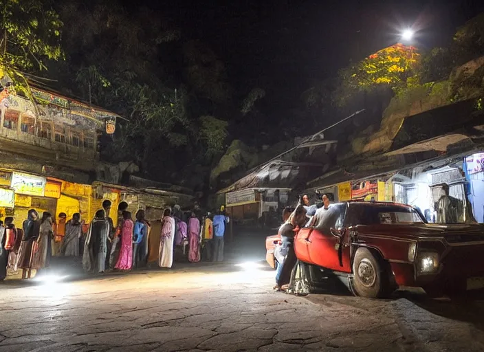 Image similar to a couple are in a chevrolet impala at kamakhya temple, guwahati city ; headlights of a car shine on a strange canyon road, she looks at him with a strange look in her eyes, it's the dead of night, in a distance the lights of a city light the night's sky