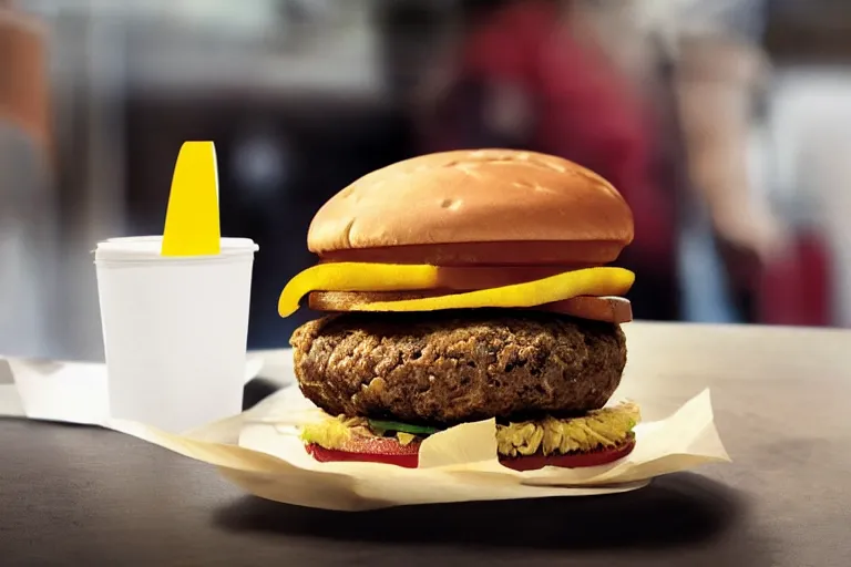 Image similar to mcdonalds bean burger in center of shot, commercial photograph