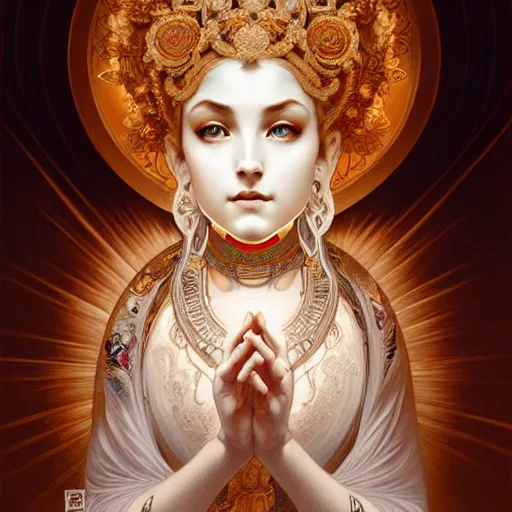 Prompt: intense portrait of the white tara, intricate, elegant, highly detailed, my rendition, digital painting, artstation, concept art, smooth, sharp focus, illustration, art by artgerm and greg rutkowski and alphonse mucha