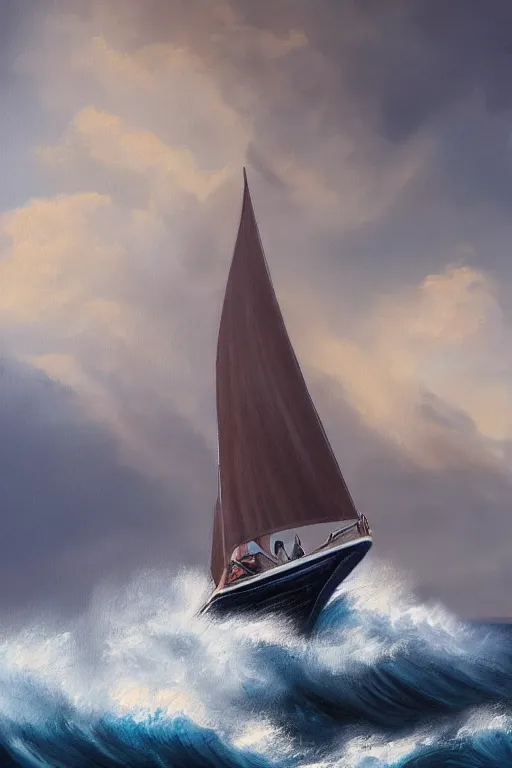 Prompt: an oil painting illustration of sailing boat in huge waves, night, moonlight, dark clouds, dramatic shoot, artstation trending, high quality, no crop, entire person visible, natural light, width 768