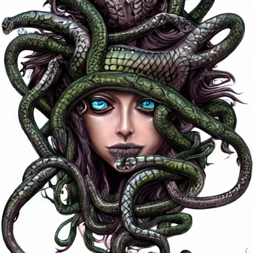 Image similar to torquoise fantasy fanged medusa, medusa head, snake heads, medusa head, snake heads, medusa head, snake tongue, snake tongue, snake tongue, snake tongue, snake tongue, snake tongue,, snake eyes, hair made of snake eyes, fantasy game art, fantasy rpg, league of legends