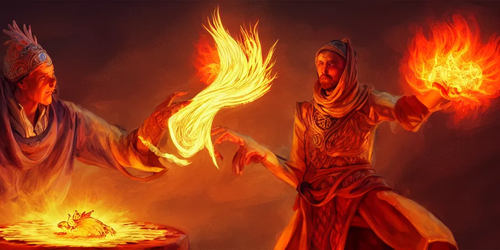 Image similar to Mage casting a fireball and roasting a chicken, D&D, fantasy, medieval, life drawing, intricate, elegant, highly detailed, digital painting, artstation, concept art, smooth, sharp focus, master illustration, art monet and mucha
