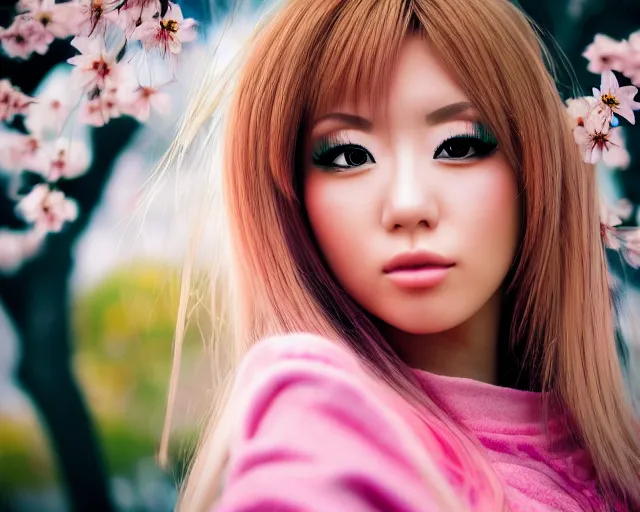 Prompt: close up portrait of an japanese gyaru with beautiful face and modern clothes, sakura blooming in the background, bokeh, depth of field, dramatic lighting, cinematic, vivid colors, matte painting, vivid color scheme, trending on artstation