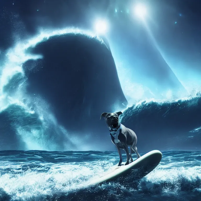 Prompt: photo of a dark gray coat pit bull with a white paws, surfing on a surfboard in a crashing wave of alien ocean in space, background is an alien galaxy, aliens in the background, alien colors, octane render, unreal engine, wide view, 8 k, high detaild