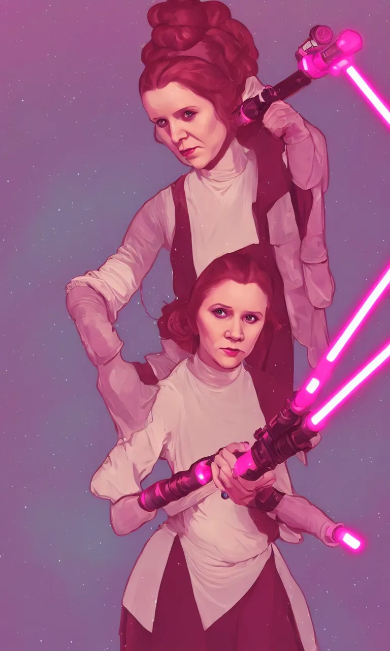 Image similar to Young Carrie Fisher as Princess Leia wielding a fuchsia light saber, ambient lighting, 4k, alphonse mucha, lois van baarle, ilya kuvshinov, rossdraws, artstation