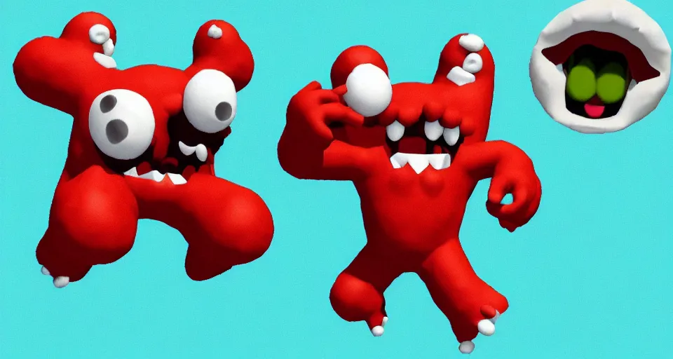 Image similar to Screenshot of a low-poly 3d version of Meatwad from Aqua Teen Hunger Force as a 3d NPC in the 3d videogame 'Super Mario 64' on the 'Nintendo-64' game console.