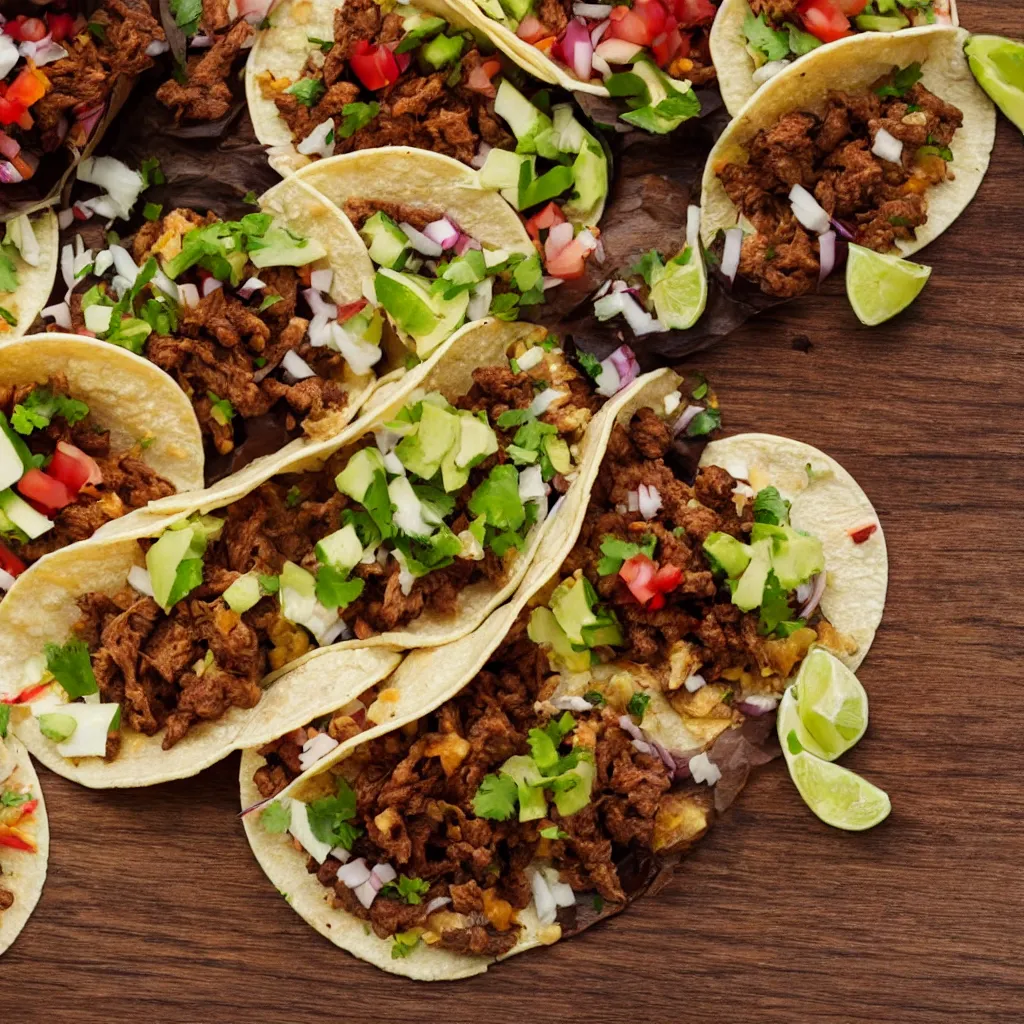 Image similar to close-up view of tacos on top of a wooden table, 8k, high detail, photorealistic, proper shading